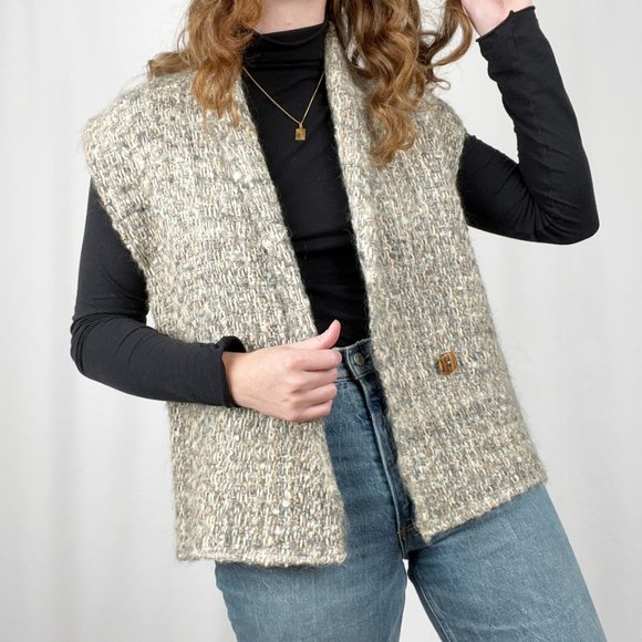 Vintage Jackets & Blazers - Vintage Hand Woven Wool Tweed Parisian Knit Sweater Vest Cardigan Nordic Rustic